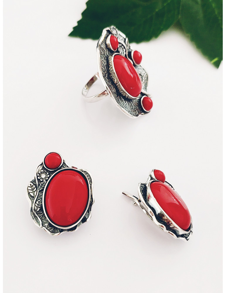 Серебряный комплект с кораллом арт.011-Н169294